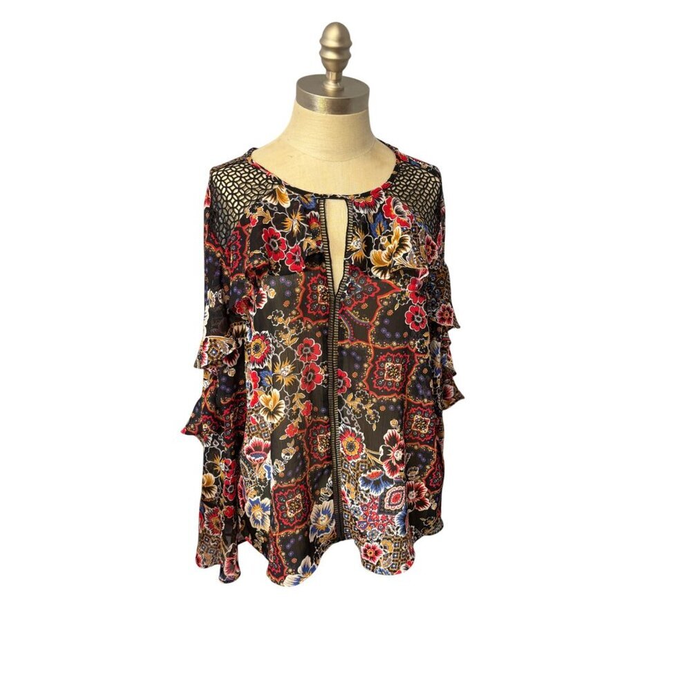 Limited Floral Boho Ruffle Sleeve Sheer Blouse Black & Multicolor Women's Large